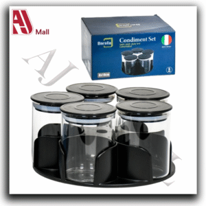 Barella 5-Piece Condiment Jar Set – Glass Containers with Rotating Stand | Italian Design | 8×10 cm