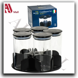 Barella 5-Piece Condiment Jar Set – Tall Glass Containers with Rotating Stand | Italian Design | 8×15 cm