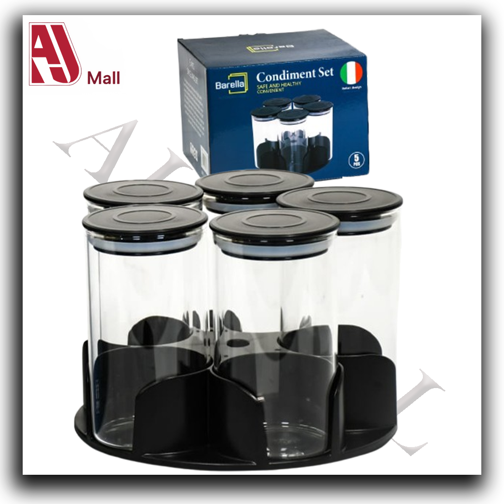 Barella 5-Piece Condiment Jar Set – Tall Glass Containers with Rotating Stand | Italian Design | 8×15 cm