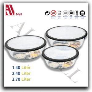 3-Piece Round Glass Mixing & Storage Bowl Set – 1.4L + 2.4L + 3.7L | Airtight Black Lids | Oven, Freezer & Microwave Safe