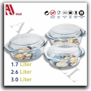Barella 6-Piece Round Glass Casserole Set with Lids – 1.7L + 2.6L + 3.0L | Oven, Microwave & Freezer Safe