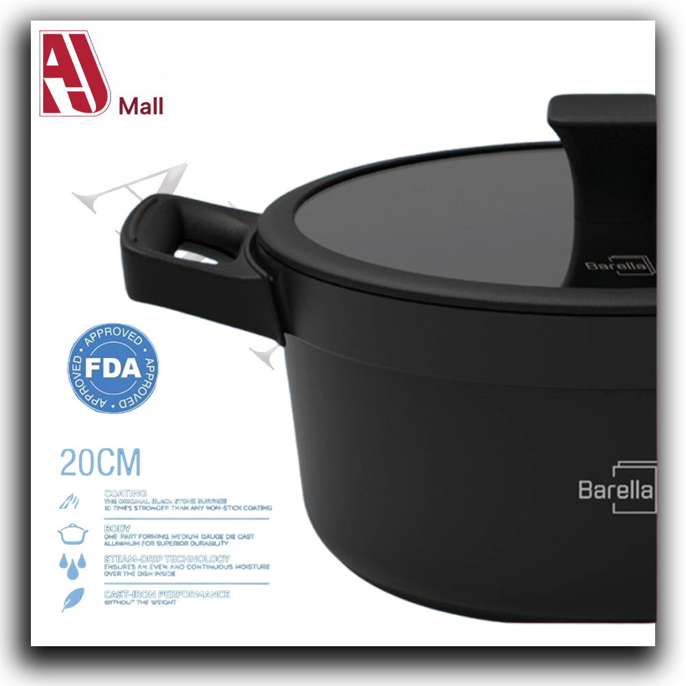Barella Non-Stick Casserole Pot with Glass Lid – 20cm | FDA Approved | Durable Cast Aluminum Design