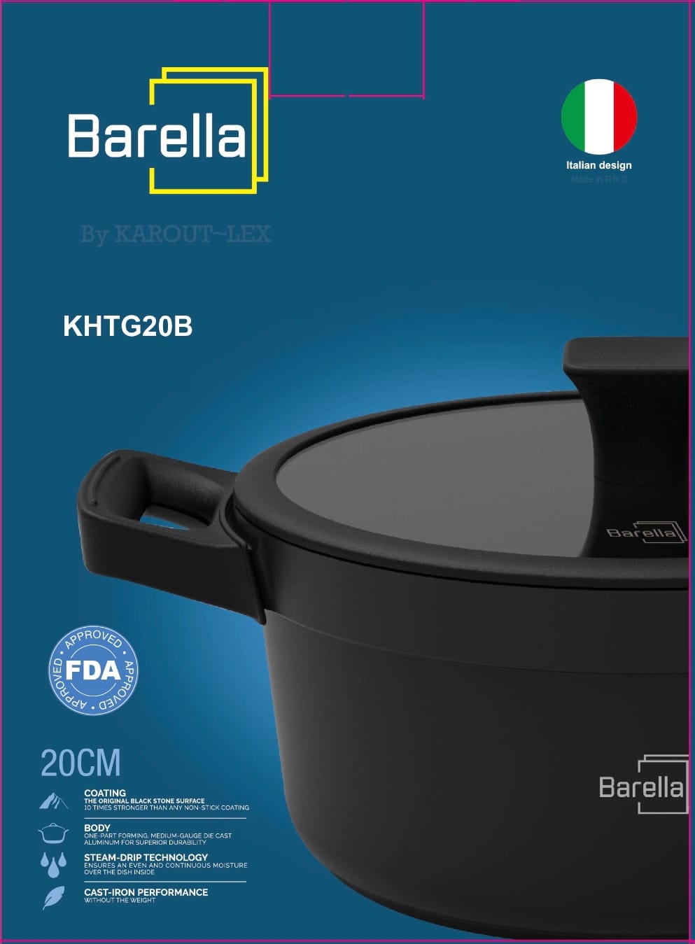 Barella Non-Stick Casserole Pot with Glass Lid – 20cm | FDA Approved | Durable Cast Aluminum Design - Image 2