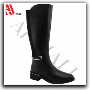 classic knee high buckle boots – black low heel elegant boots